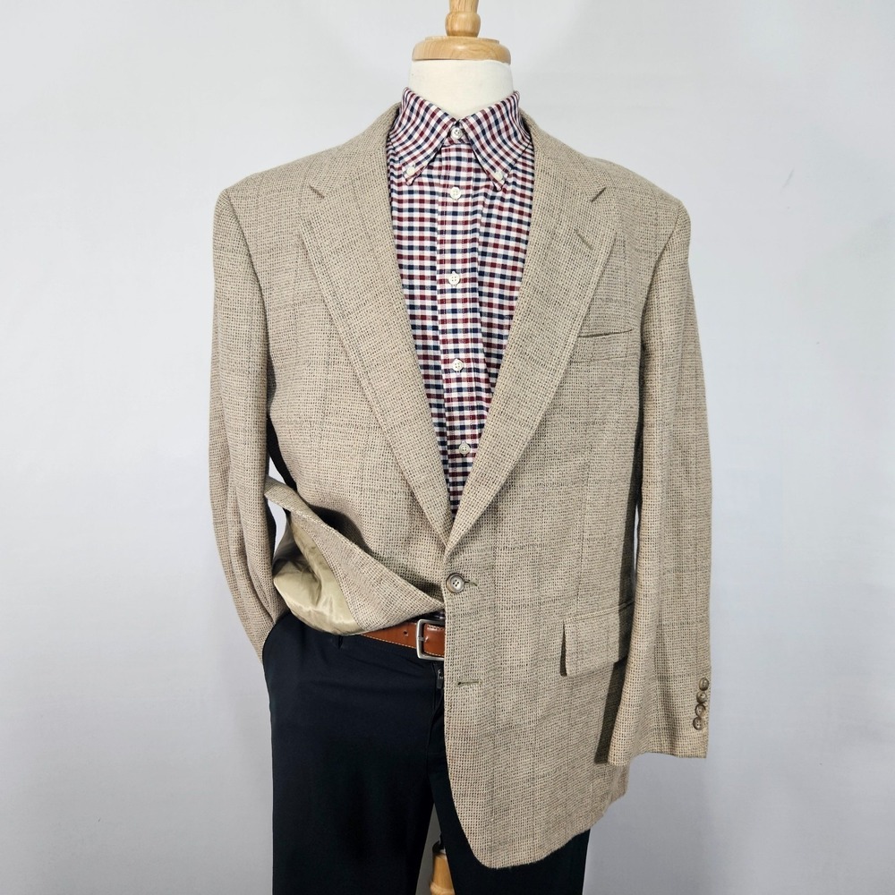 VTG‎ Stafford Men's Sport Coat Blazer Two Button Soft Wool Blend Plaid Beige 46R